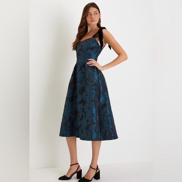 Lulu's Beyond Grateful Black Floral Jacquard Satin Velvet Tie Strap Midi Dress - Picture 2 of 12